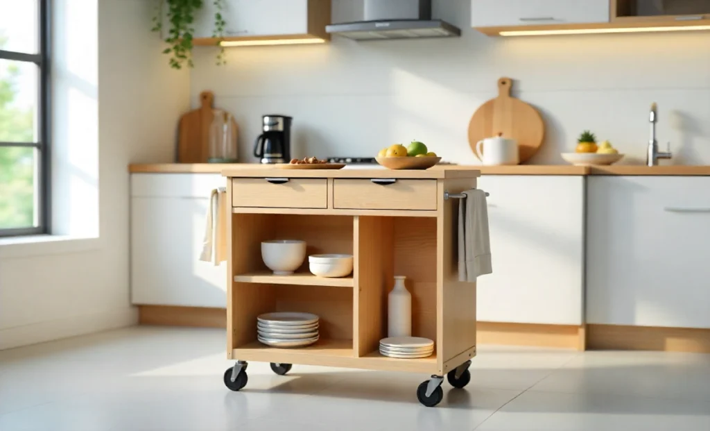 Latitude Run rolling kitchen island with drawers and wheels in modern kitchen showing storage and mobility features