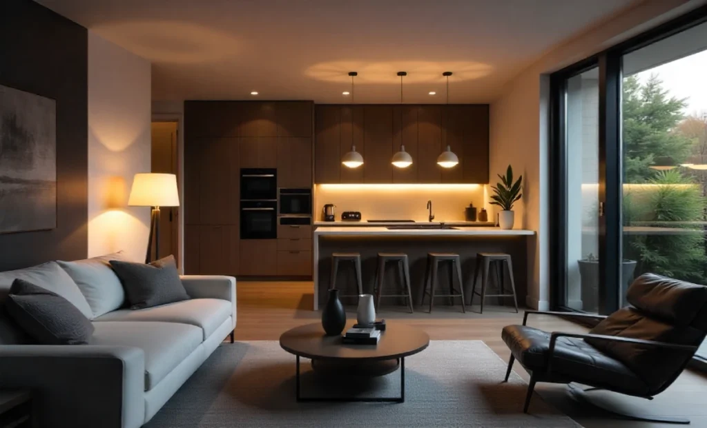 Smart home lighting solutions showing LED fixtures and ambient lighting in modern living room with Lumolog lighting systems