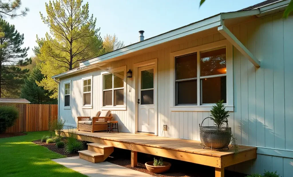 Modern mobile home with best mobile home exterior upgrades like vinyl siding and energy-efficient windows.
