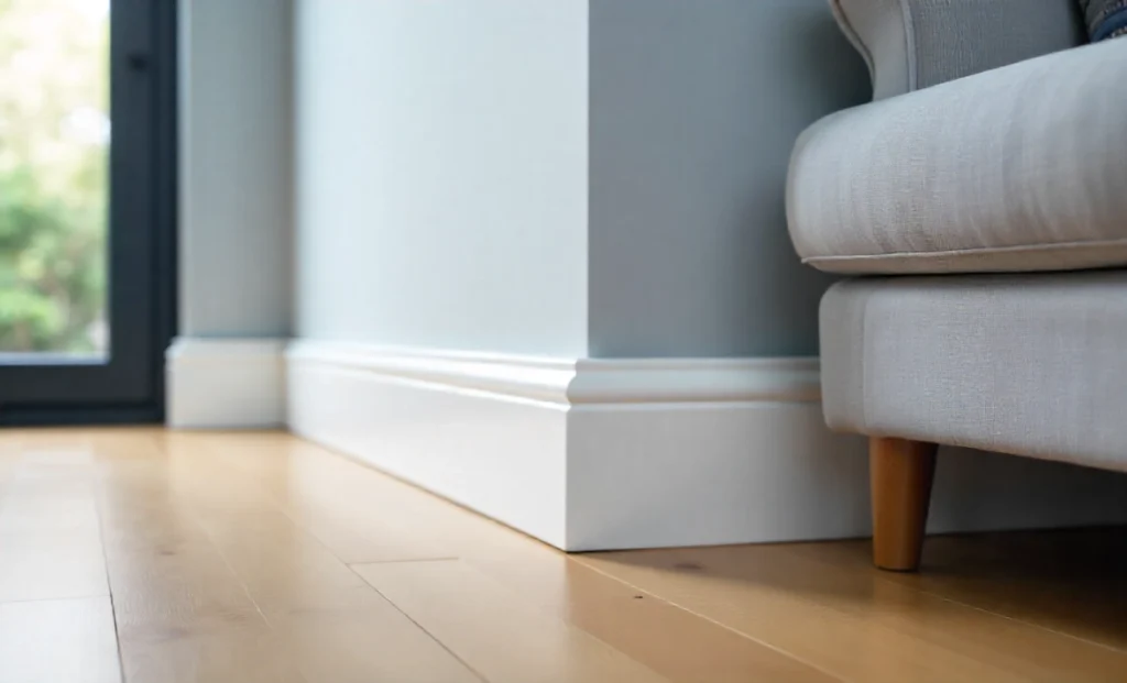 Modern white skirting board covers installed in living room showing clean finish and professional appearance