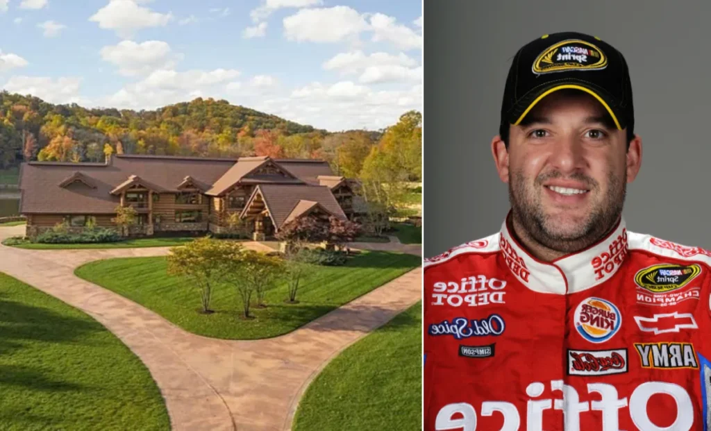 Tony Stewart house exterior showing Hidden Hollow Ranch mansion with stone and log construction on 415-acre Indiana property