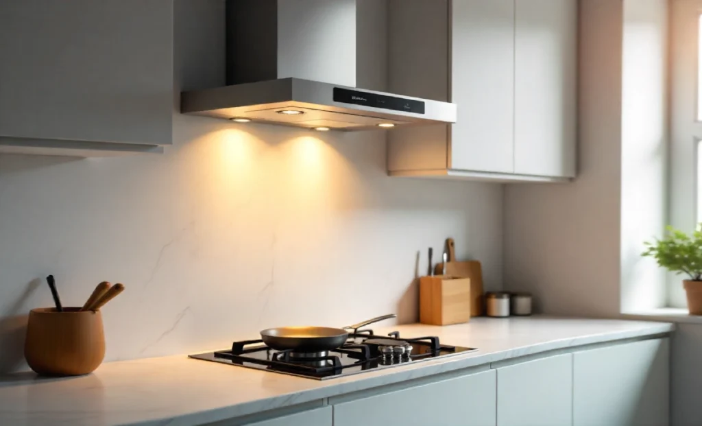 486 Gelyney Extractor Hood installed above kitchen stove with LED lights and stainless steel finish