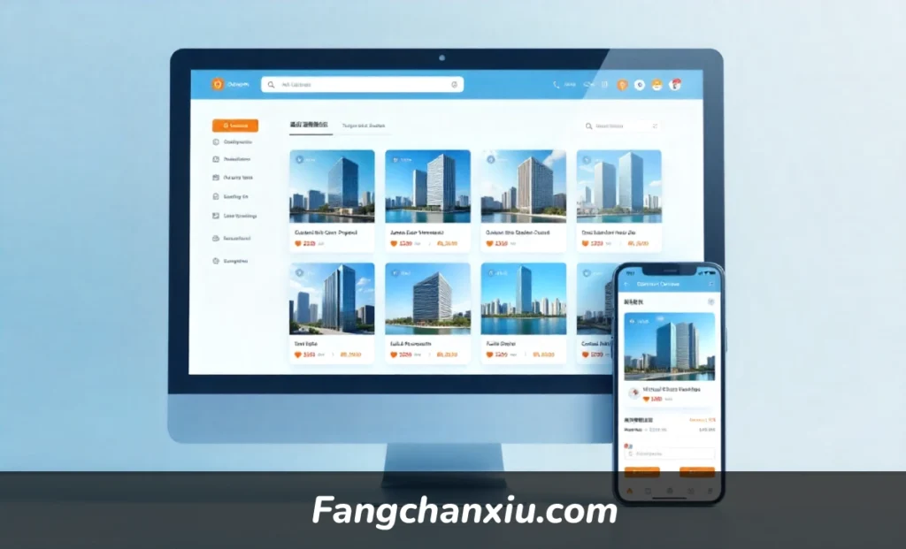 Fangchanxiu.com Chinese real estate platform interface showing property listings and virtual tour features on desktop and mobile