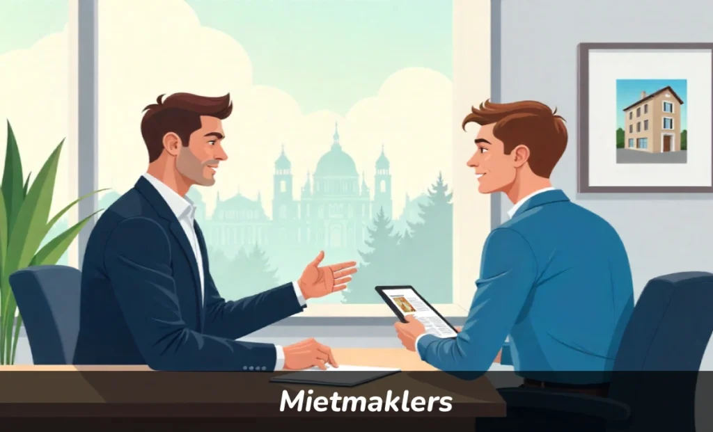Mietmaklers rental broker helping tenant and landlord sign apartment lease agreement in modern German office