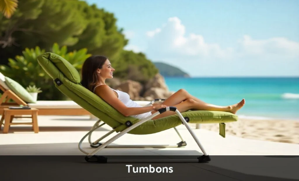 Comfortable tumbon portable lounge chair on outdoor patio with person relaxing in sunny backyard setting
