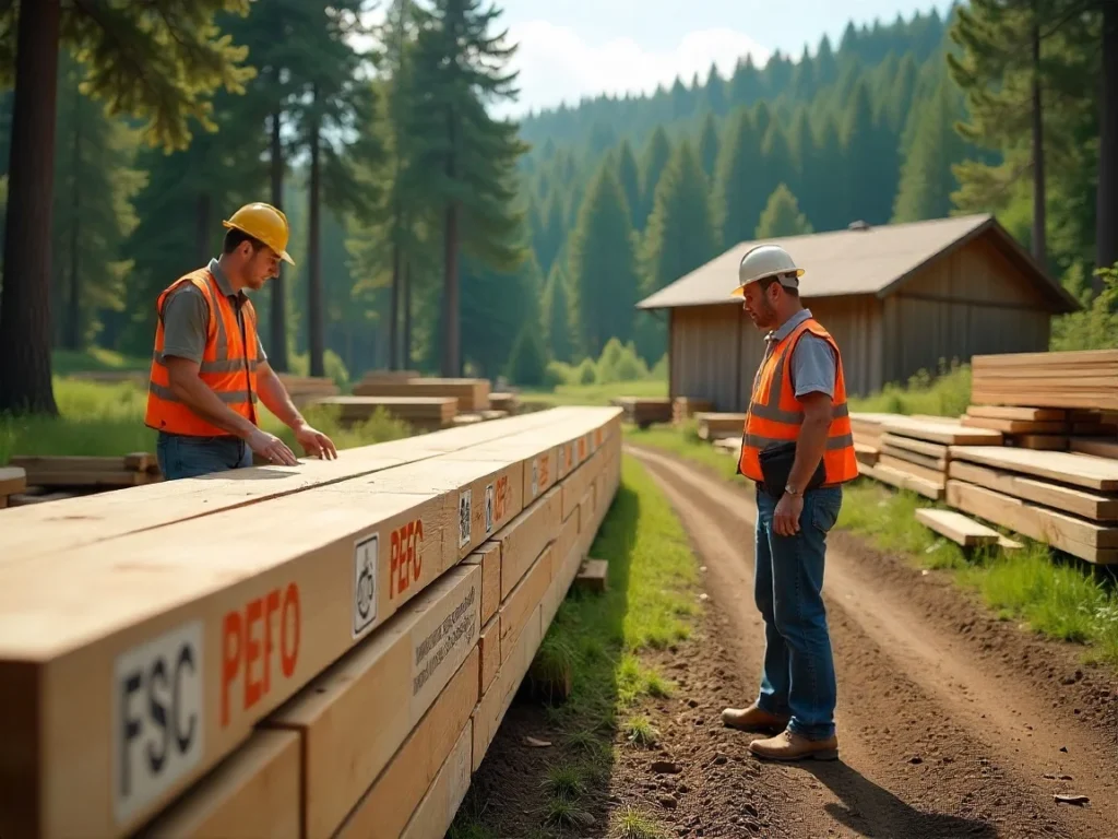 Building a Greener Future: The Importance of Responsible Lumber Sourcing A worker checking stacks of certified sustainable lumber in a green forest setting.