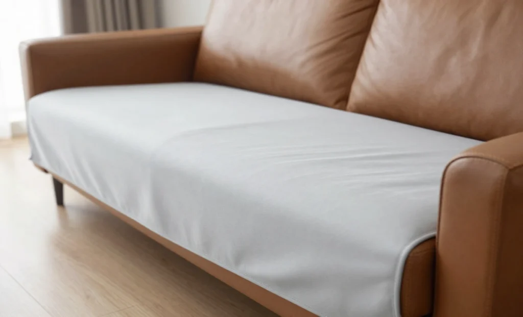 Couch Slipcovers for Leather Couches: What Actually Works (And What Doesn’t) Gray stretch slipcover fitted over a brown leather couch in a modern living room