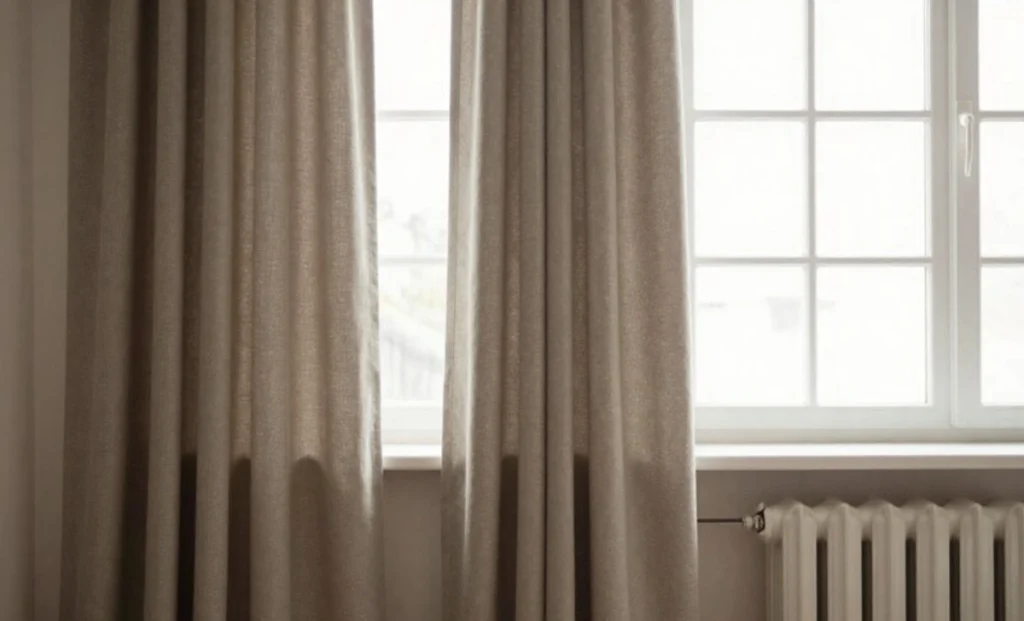 Warm UK home interior showing home insulation improvements with sealed windows, thick curtains, and winter heating