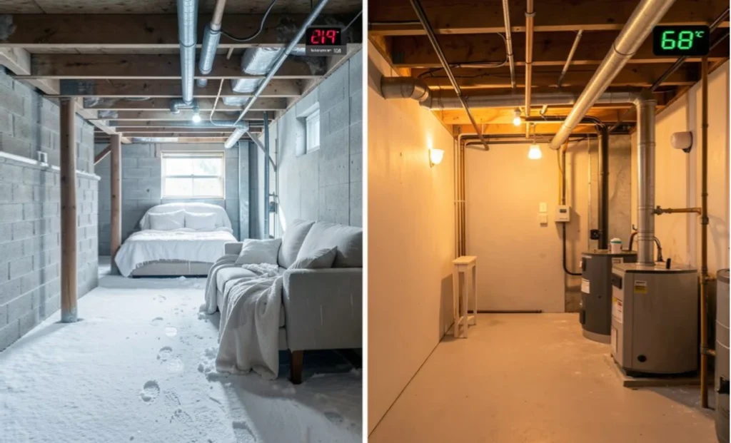 Testing basement heating methods comparison showing cold basement before and warm basement after using mini-split and heaters