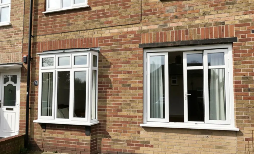 Double glazing windows cost UK comparison showing white uPVC casement window and aluminium sliding door on modern semi-detached house
