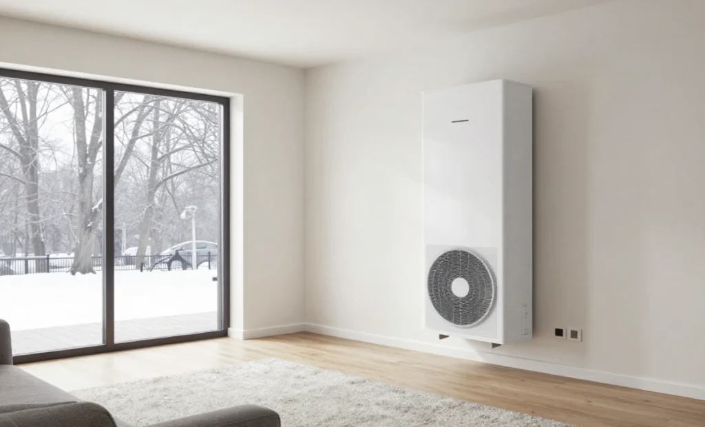 Modern UK living room with wall-mounted air source heat pump and digital thermostat showing energy-efficient heating system installation