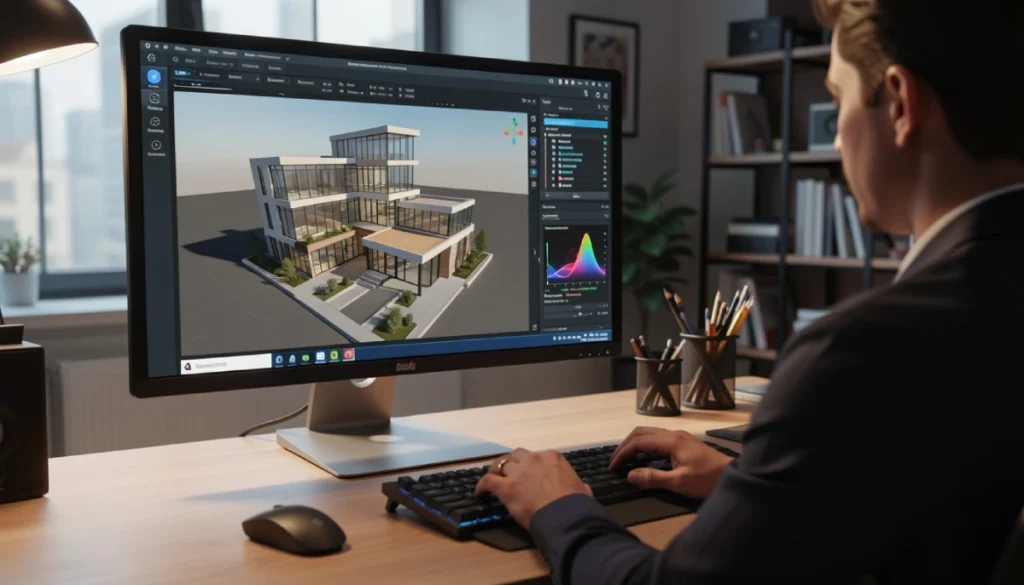 AI-powered 3D rendering software generating a realistic architectural building model on a computer screen in a modern design studio