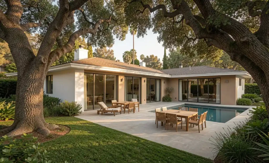 Chris Evans House exterior with rectangular pool and oak trees in San Fernando Valley Los Angeles