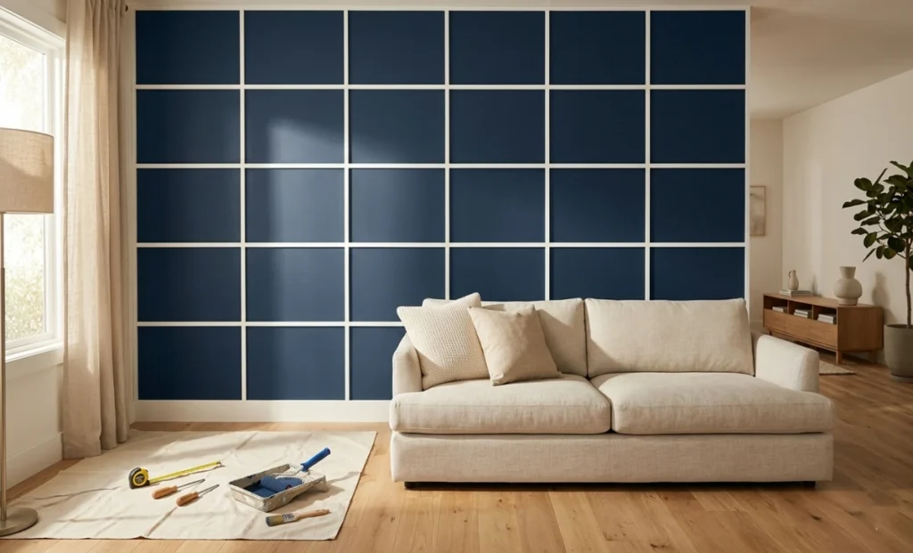 DIY Accent Wall Ideas That Actually Look Good (And How to Build One) A DIY accent wall made with navy blue grid panels and white MDF strips in a modern living room