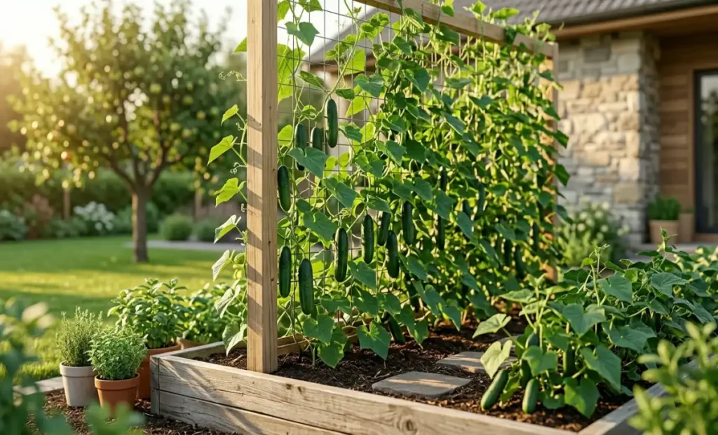 DIY cucumber trellis with green vines and ripe cucumbers hanging in a raised bed garden