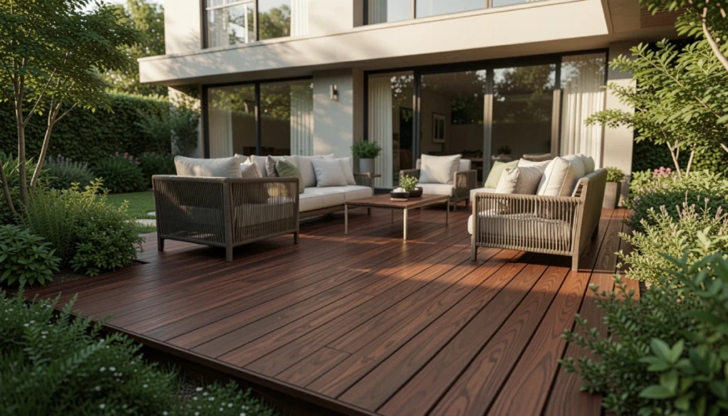 ipe wood decking installed on a modern backyard deck showing rich grain and durable hardwood surface