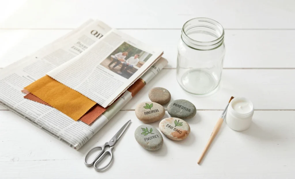 Inventive LWMFCrafts flat lay with household materials including fabric scraps, glass jar, newspaper, and painted rocks on a white wooden surface