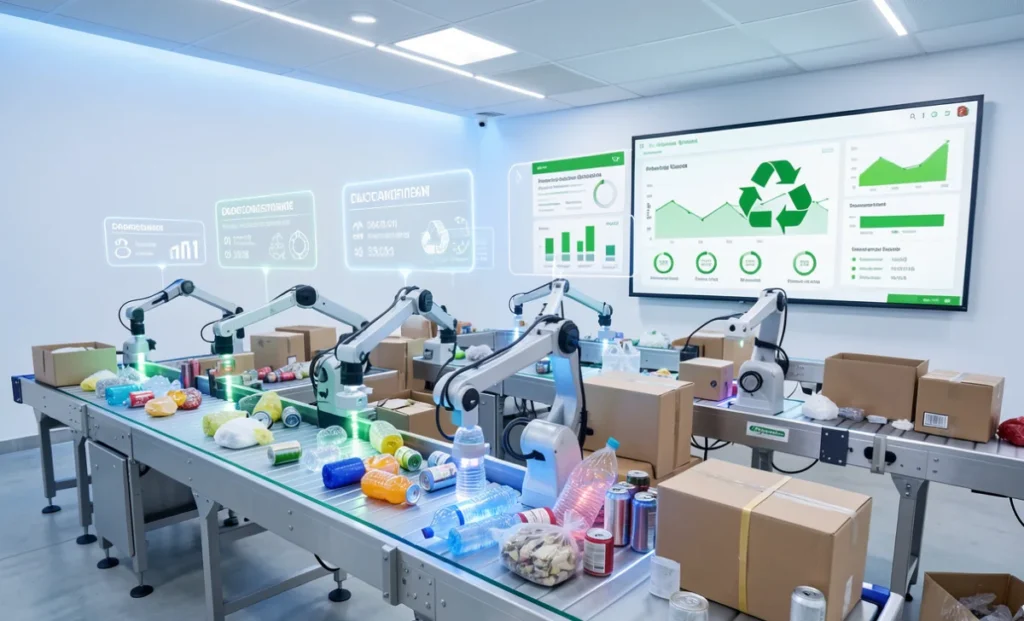 MataRecycler AI-powered smart recycling conveyor sorting plastic, metal, and cardboard with optical sensors