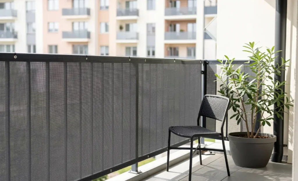 Grey mesh privacy screen installed on an apartment balcony railing for outdoor privacy