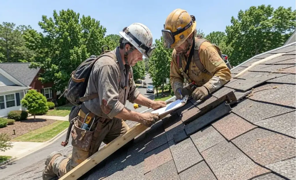 A roofing contractor in Hope Mills NC inspecting a residential roof while holding a clipboard on a clear sunny day