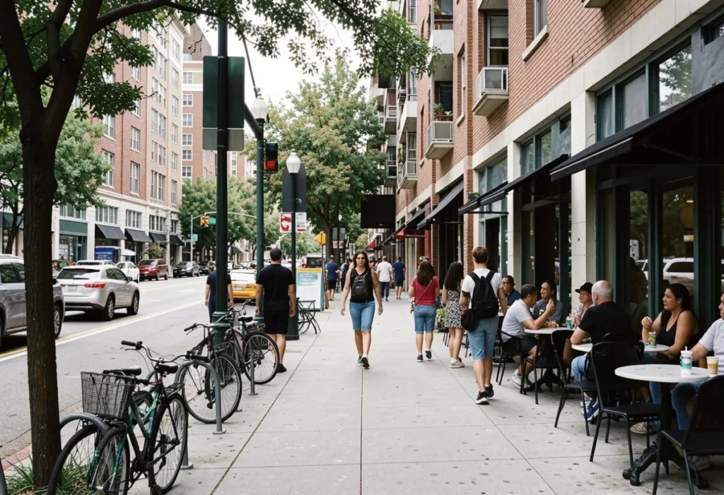 Why Walkable Sacramento Neighborhoods Are Changing How Californians Think About Home Walkable neighborhood in Sacramento California with apartments, cafes, sidewalks and people walking in Midtown area