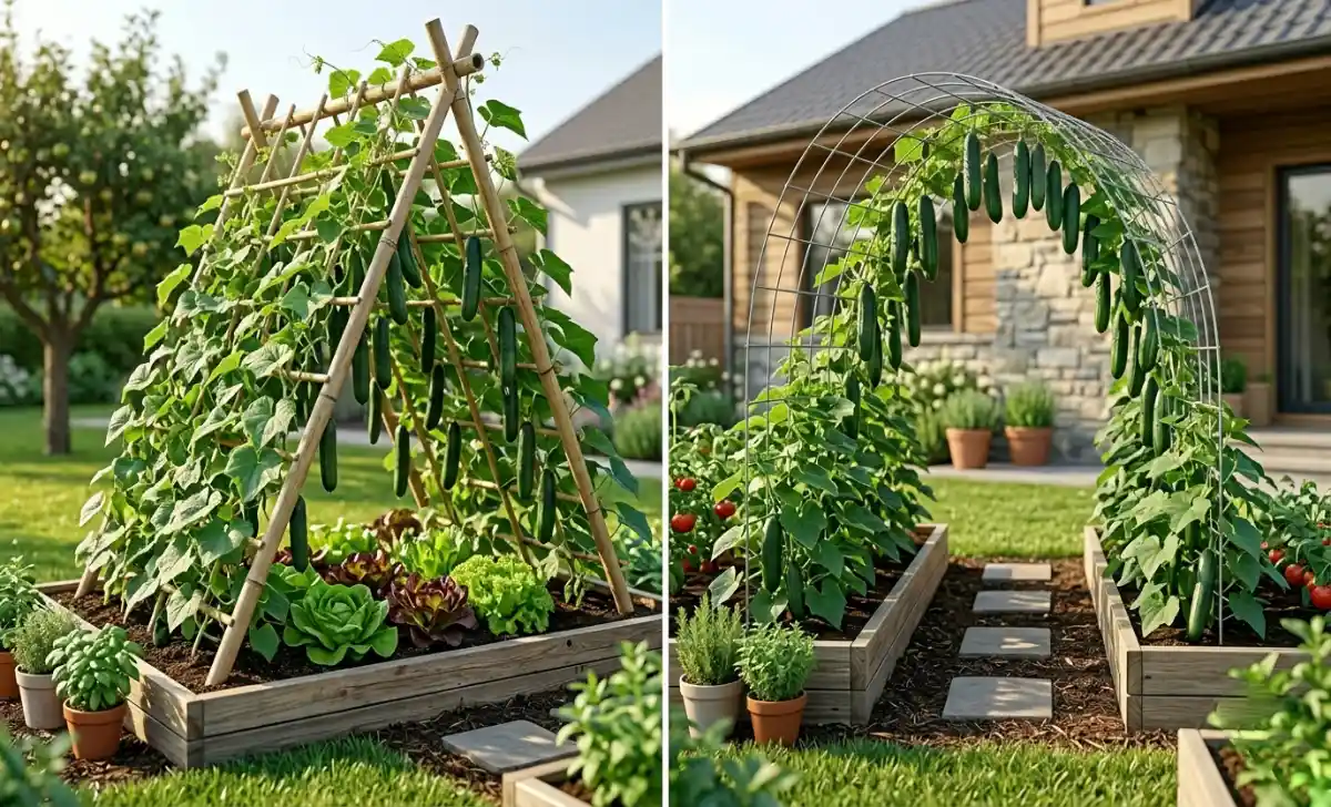Bamboo A-frame cucumber trellis next to a cattle panel arch trellis in a garden
