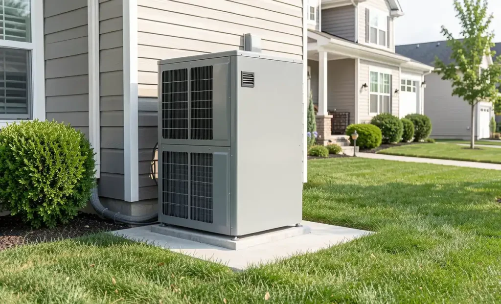 Modern heat pump unit installed outside a residential home for year-round heating and cooling