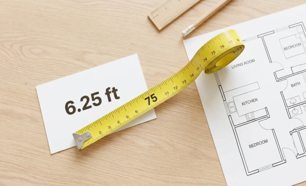 A measuring tape showing 75 inches next to a label reading 6.25 feet for a simple inch to feet conversion