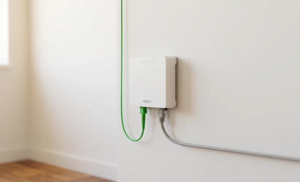 Adtran box plugged into the wall with green fiber cable and ethernet port for home fiber internet