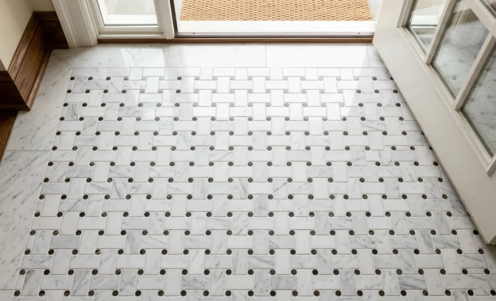 Chatham NJ basket weave marble mosaic floor with white Carrara tiles and dark dot inlays in a home entryway