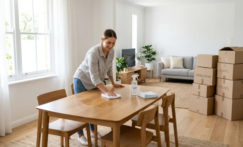 Person cleaning furniture before moving with a microfiber cloth in a bright living room