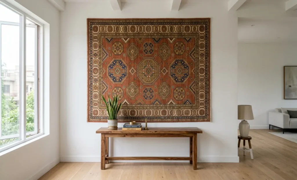 How to hang a rug on the wall above a wooden console in a modern living room