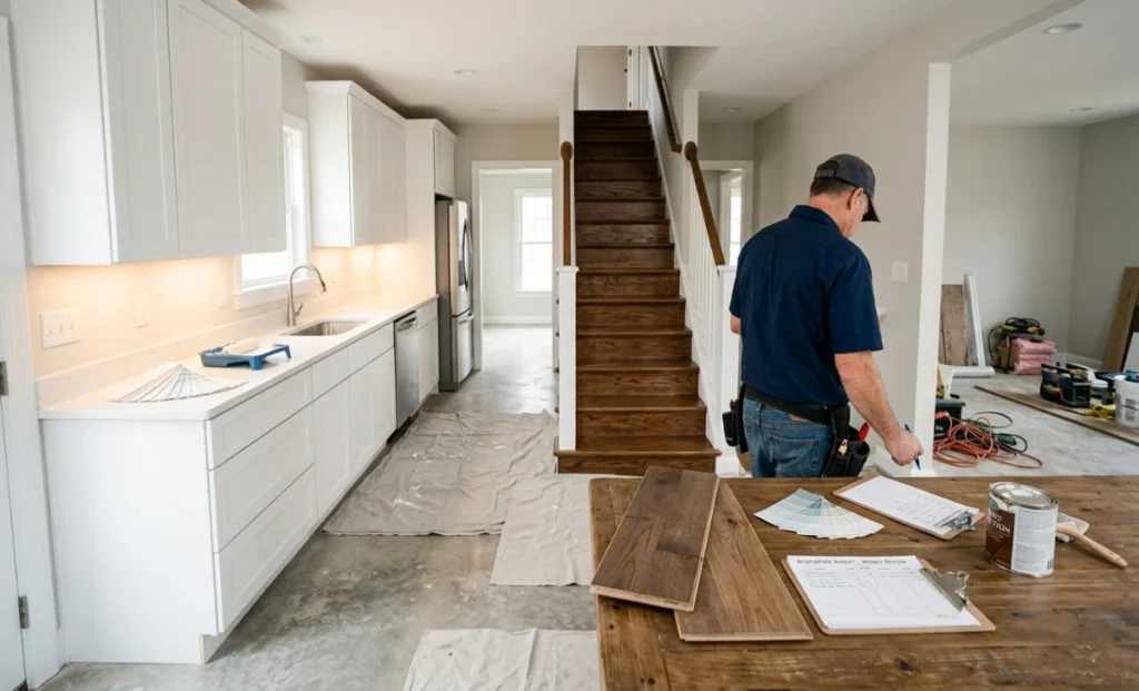 A renovated kitchen and bathroom showing what $50,000 can cover in a home renovation project