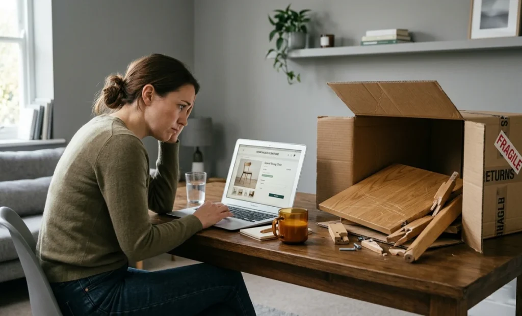 Litfad reviews – damaged furniture arriving from online order, disappointed customer at laptop