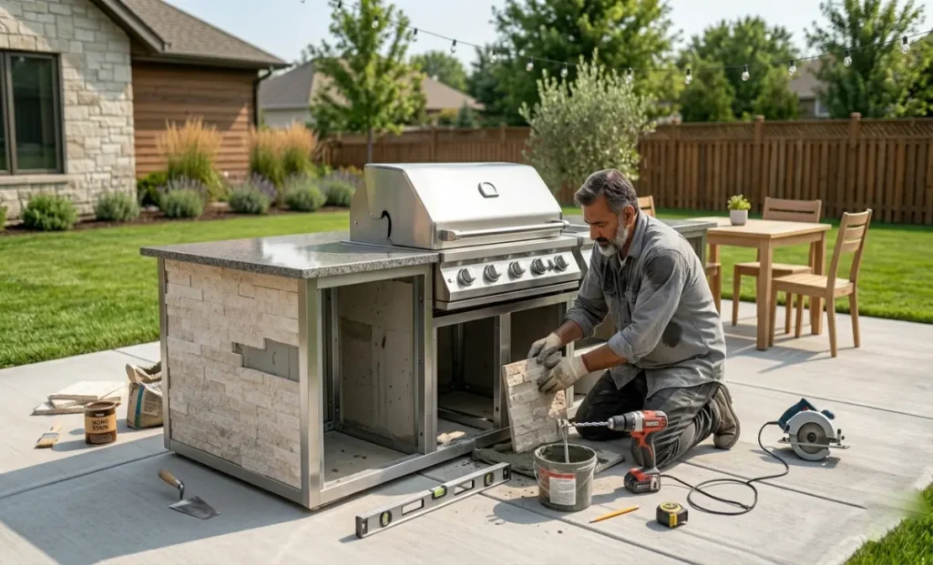 Man building an outdoor kitchen DIY with stone cladding and built-in grill on a backyard patio