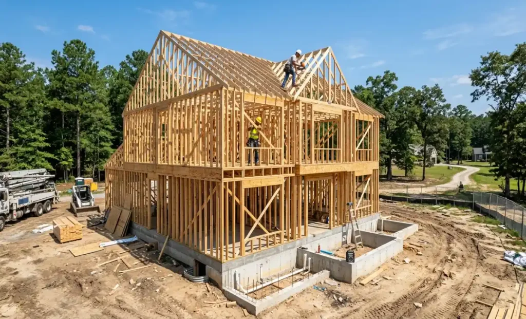Workers framing a stick built home with wood lumber and roof trusses on a sunny construction site