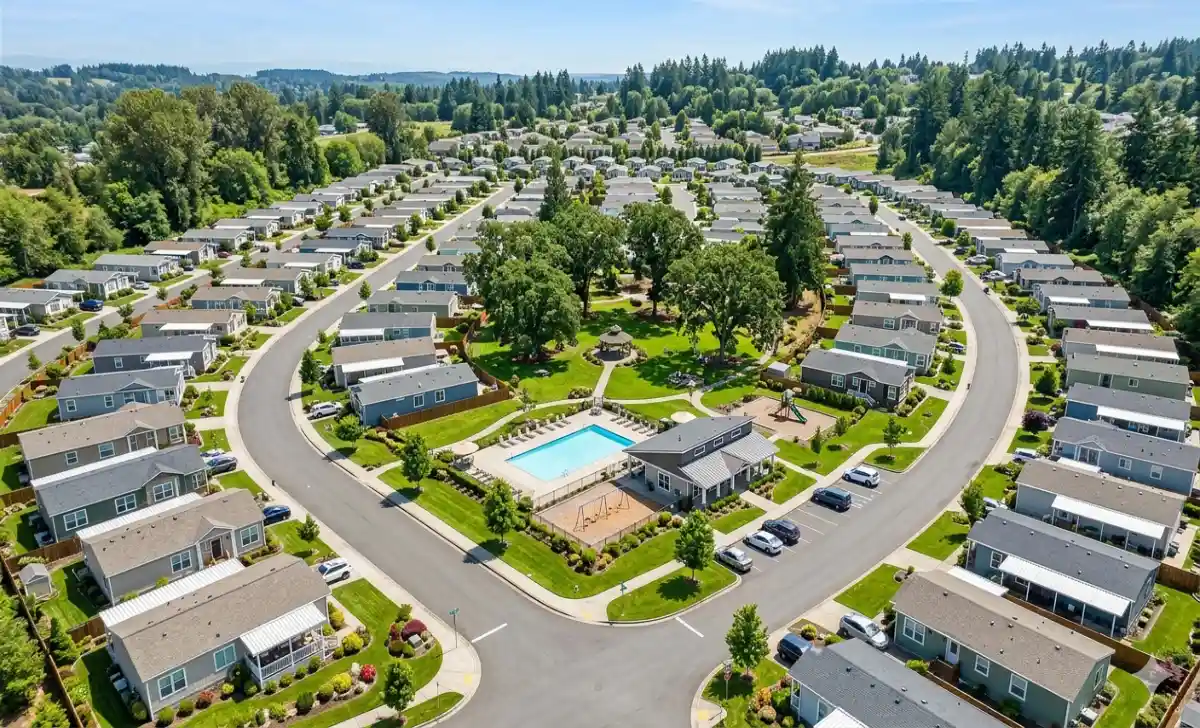 Bayshore Home Sales manufactured home community with shared green space and paved roads