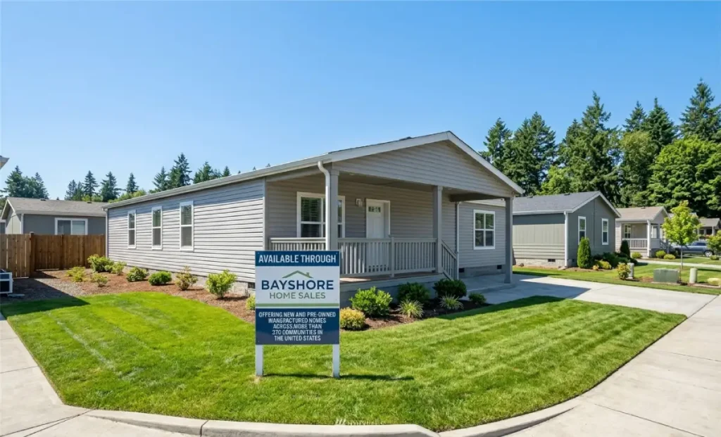 Bayshore Home Sales modern manufactured home exterior with front porch and green lawn