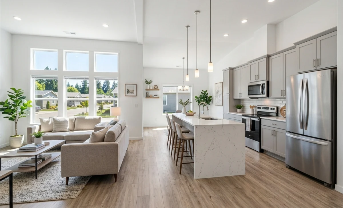 Bayshore Home Sales manufactured home interior with open kitchen and modern floor plan