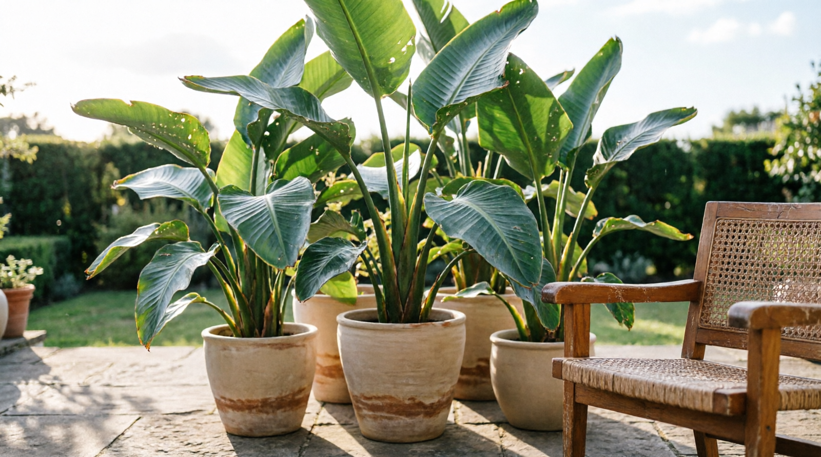 Tall leafy tropical plants creating a cooling natural screen on a summer patio