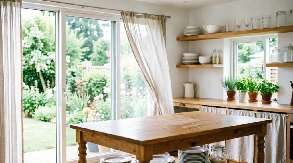 12 Summer Kitchen Layout Ideas That Improve Airflow and Movement Summer kitchen layout with open wooden shelving, sliding glass doors to garden, natural wood table with turned legs, and potted herbs on countertop showing improved airflow and indoor-outdoor connection