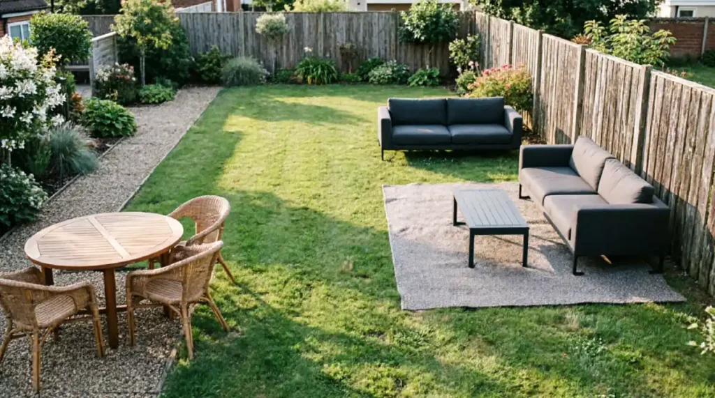 Backyard layout showing floating lounge seating, round dining table, and open central lawn to improve circulation and space usage