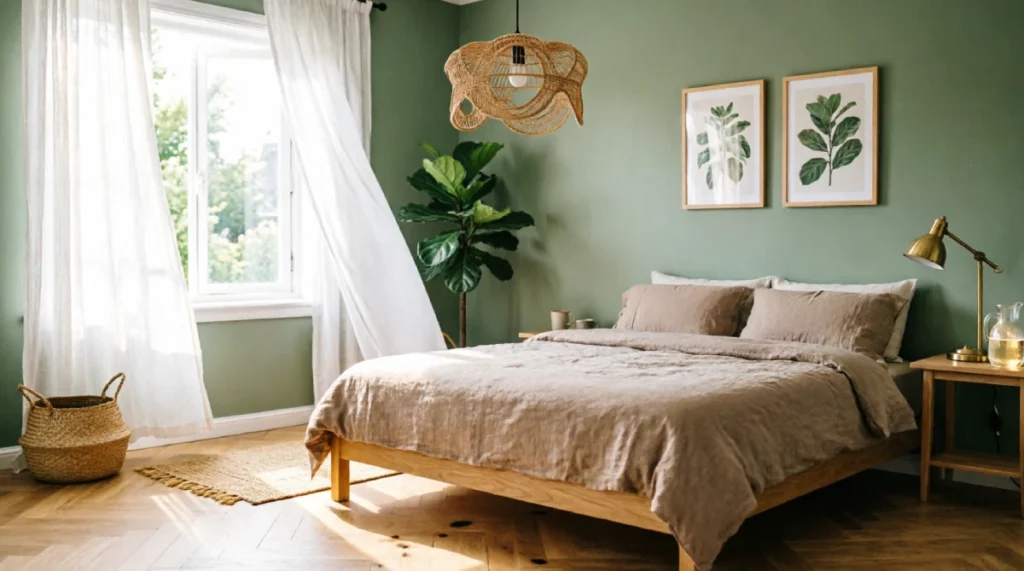 15 Summer Bedroom Styling Ideas for a Relaxing Look Summer bedroom with natural linen bedding, sheer white curtains, sage green walls, rattan pendant light, fiddle-leaf fig plant in seagrass basket, light wood floors, botanical prints, brass lamp, and morning sunlight creating breathable, calm retreat atmosphere