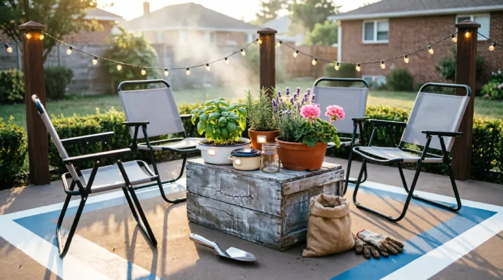 Budget backyard patio transformation featuring painted concrete conversation zone in blue and white, repurposed wooden crate table with herbs in enamel pots, solar lights, café lights strung between posts, and simple metal chairs creating an affordable outdoor living space.