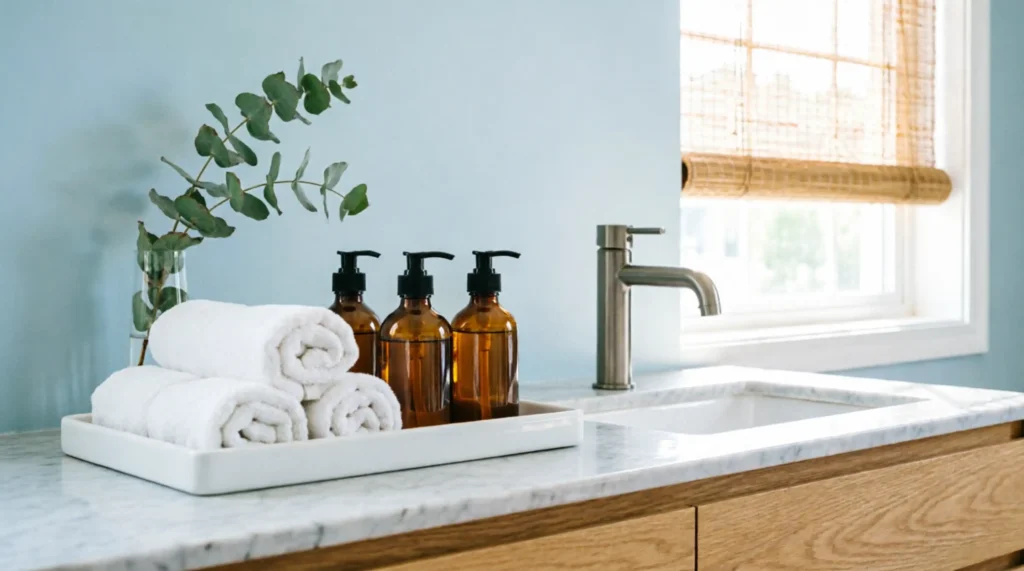 Bright summer bathroom vanity with pale blue wall, rolled white towels on ceramic tray, amber glass soap dispensers, brushed nickel faucet, fresh eucalyptus, woven bamboo window shade, and natural oak vanity cabinet