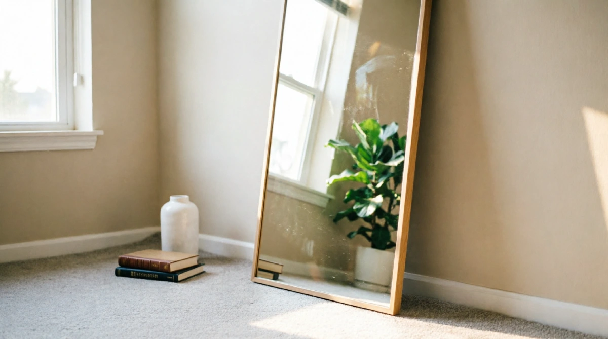 Tall floor mirror reflecting light in a budget summer bedroom interior update