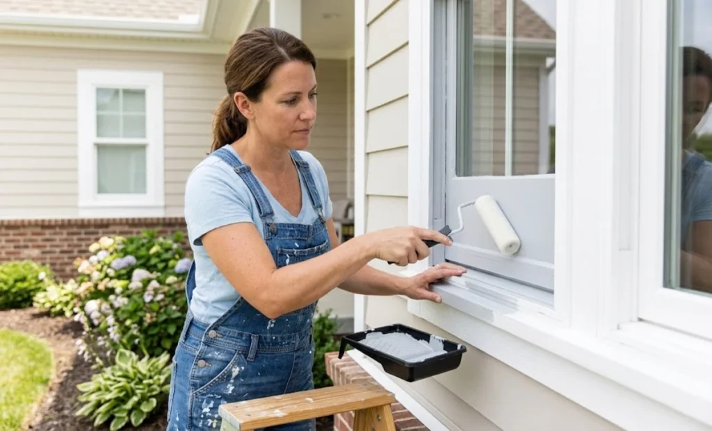 Homeowner painting vinyl window frames with a foam roller and light gray paint on a bright home exterior