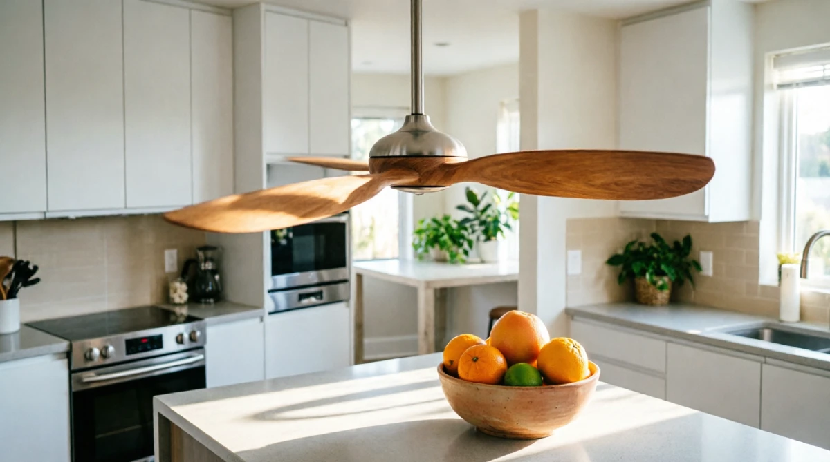 A modern ceiling fan cooling a summer kitchen by creating strong airflow above the island workspace.