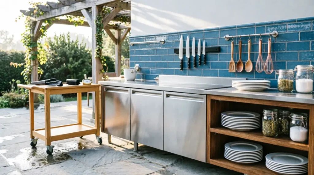 13 Summer Kitchen Storage Ideas That Reduce Clutter Outdoor kitchen workspace with stainless steel cabinets, walnut open shelving holding dishes and spices, magnetic knife bar on blue subway tile, copper-handled utensils on hanging rail, oak rolling cart with casters, pergola shade on flagstone patio