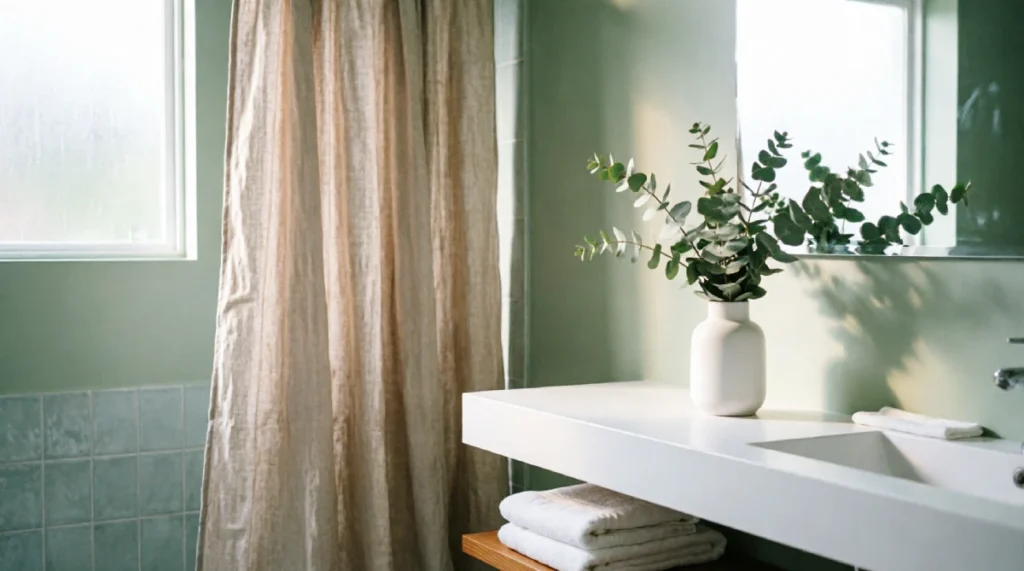 Summer bathroom design with pale sage green walls, natural linen shower curtain, white floating vanity, and fresh eucalyptus branches in morning light